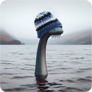 Matau lake monster wearing a knitted hat