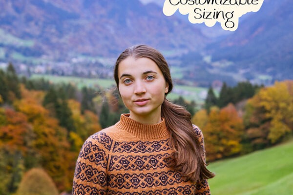 Front view of the Beechnut Sweater, a customizable colourwork knitted Pullover