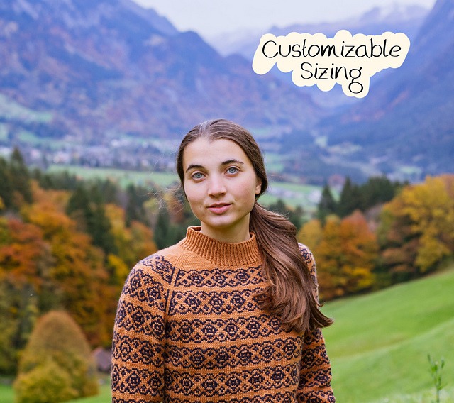 Front view of the Beechnut Sweater, a customizable colourwork knitted Pullover