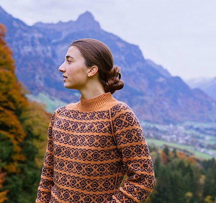 3/4 view of the Beechnut Sweater, a fitted colourwork knitted pullover