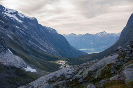 Looking down a mountain valley from the glacier