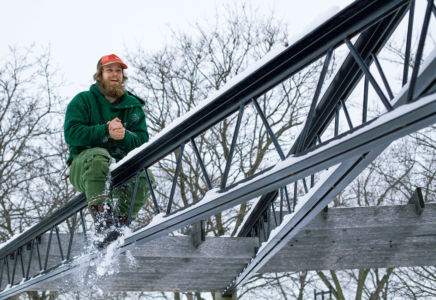 Taking a break on a metal beam in the winter